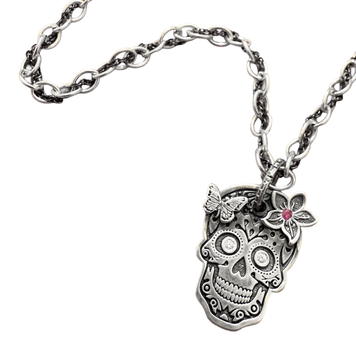 Second Bloom Diamond Eternal Skull in Coin Silver with Ruby Pendant