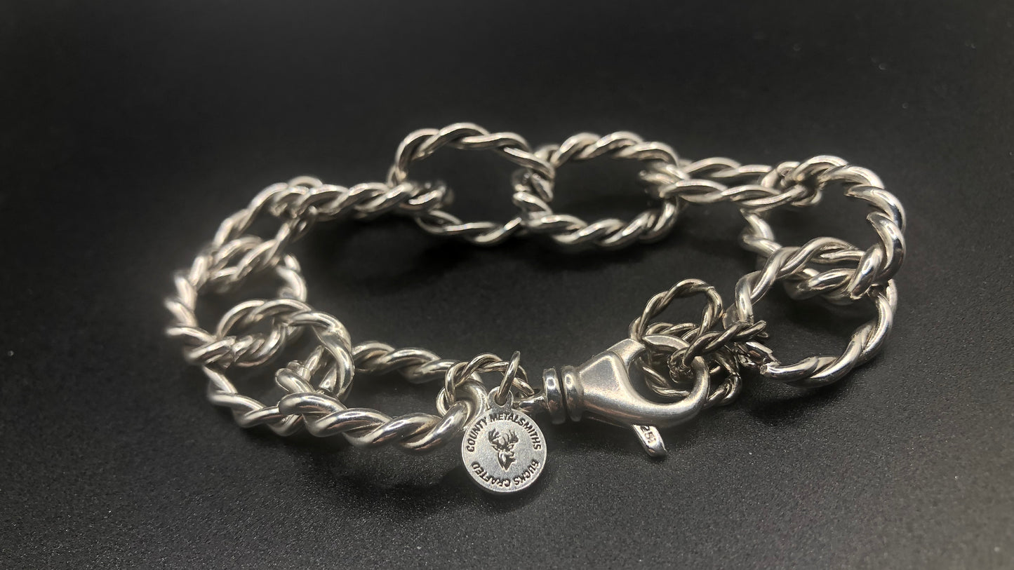 Hand crafted sterling silver heavy twist and twisted oval link bracelet with extender