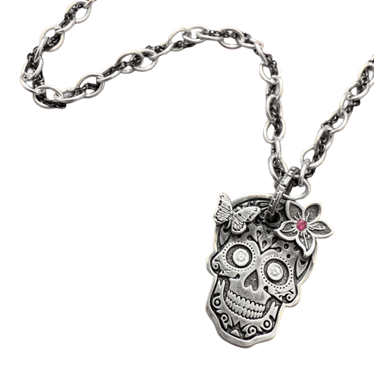 Second Bloom Diamond Eternal Skull in Coin Silver with Ruby Pendant