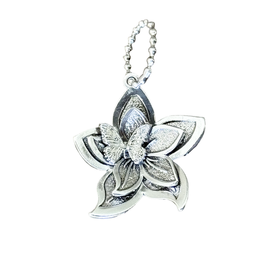 Double Lily & Butterfly Pendant in Sterling Silver 26mm