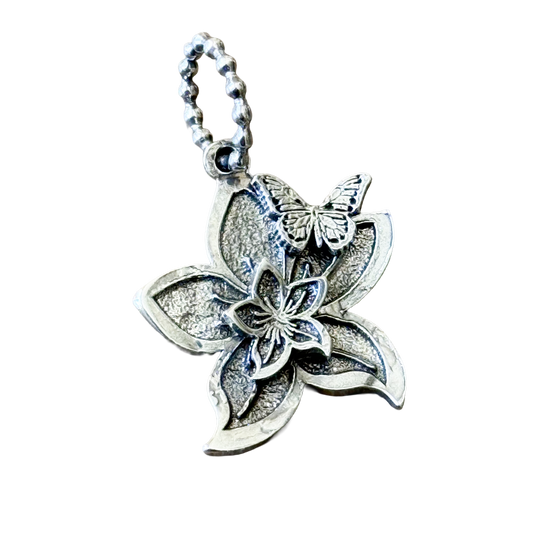 Coin Silver Double Lily Butterfly Pendant Necklace 19mm