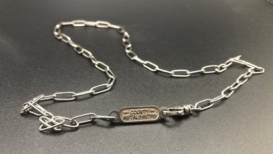 Sterling silver paperclip chain with County Metalsmiths tag